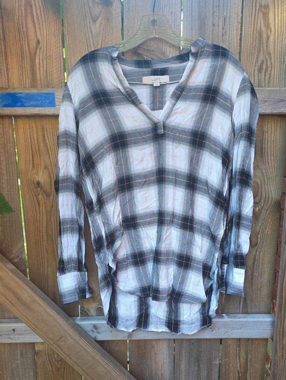 LOFT Plaid V-Neck Tunic in Black, White & Gray